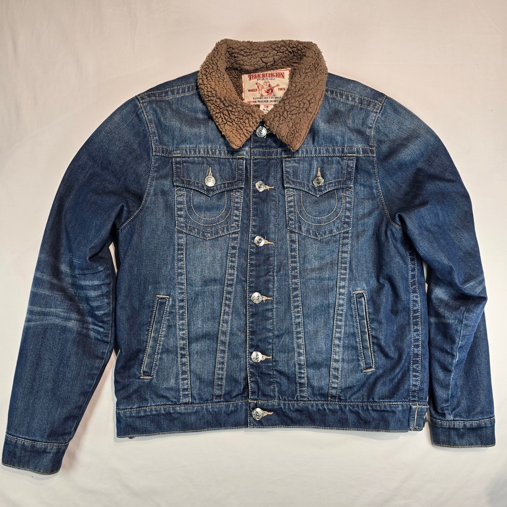 True Religion Mens Sherpa Lined Denim Trucker Jacket Blue XL MNR305MU6
